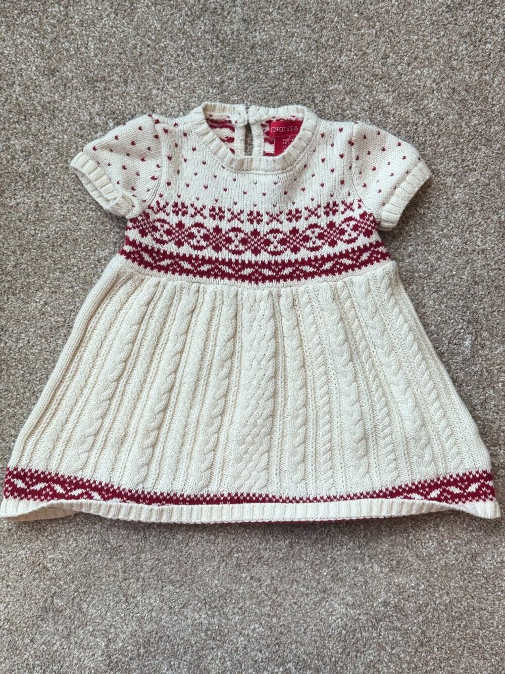 Jingles & Joy Baby Girl Fair Isle Cable Knit Sweater Dress 6-9M Christmas Red
